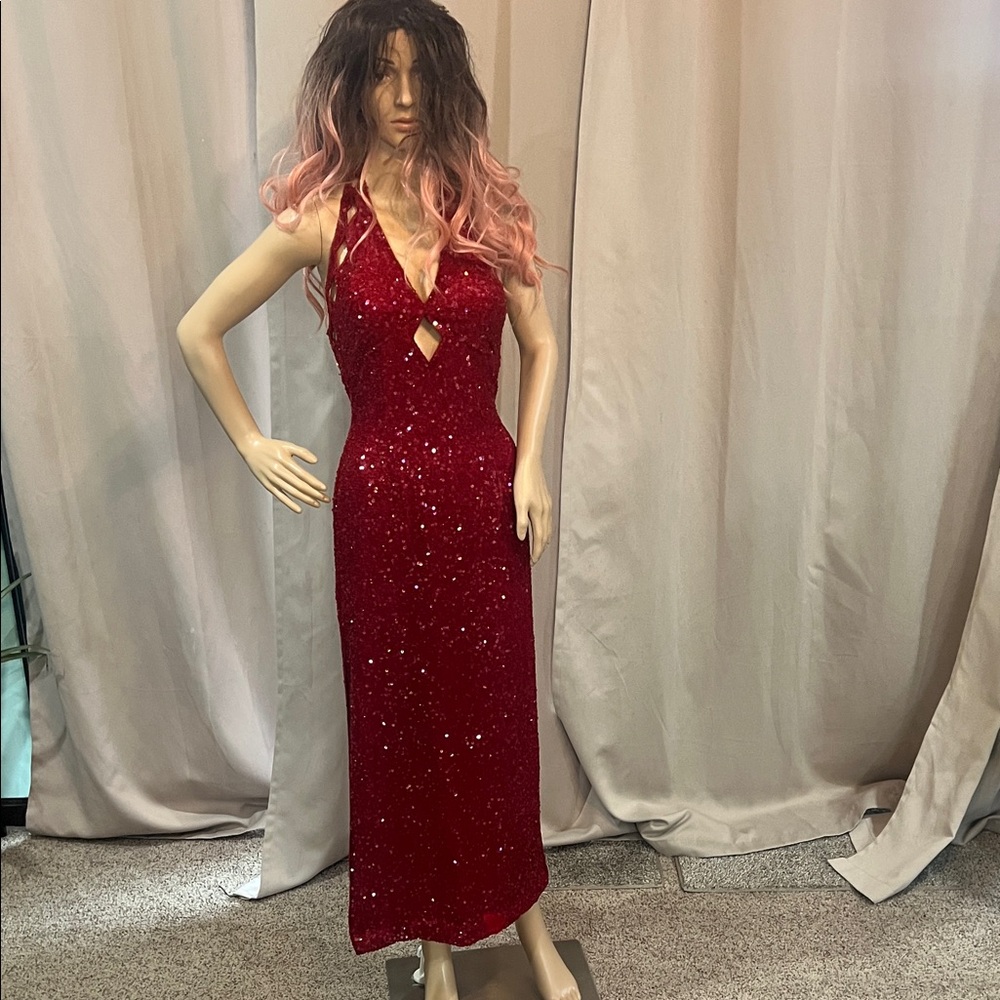Vintage 90s/Y2K Scala Red Silk Hand Beaded Gown Halter Prom Dress Formal Medium